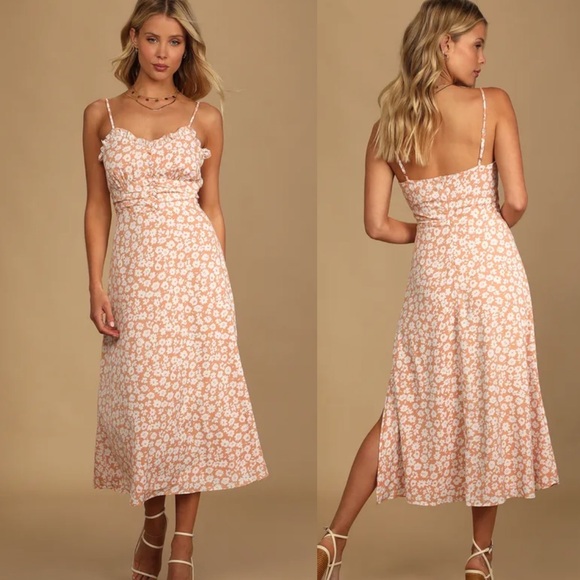 Lulu’s x Lush Timeless Touch Peach Floral Print A-Line Midi Dress - Picture 1 of 5